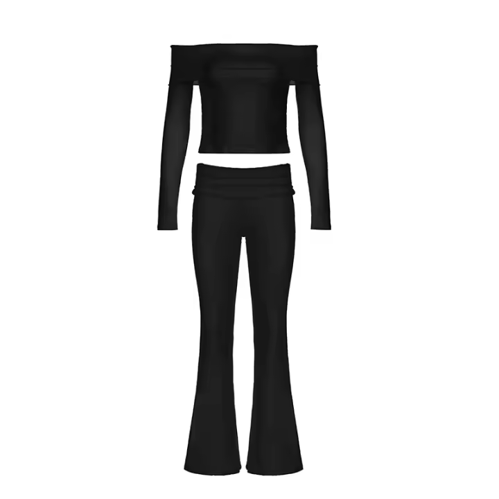 HEYounGIRL Conjunto De Camiseta Y Pantalones Flares De Manga Larga Hombro Descubierto Estilo Casual Streetwear Slim Para Mujer Otoño Invierno - 1