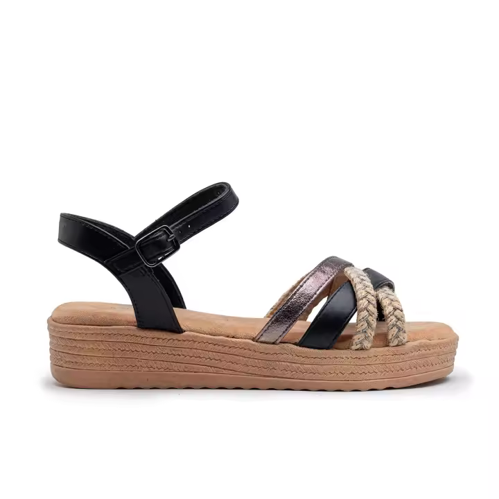 Sandalias planas de cuero PU estilo bohemio para mujer, con correas múltiples en yute y metalizado, estilo playero, perfectas para vacaciones y verano - 1