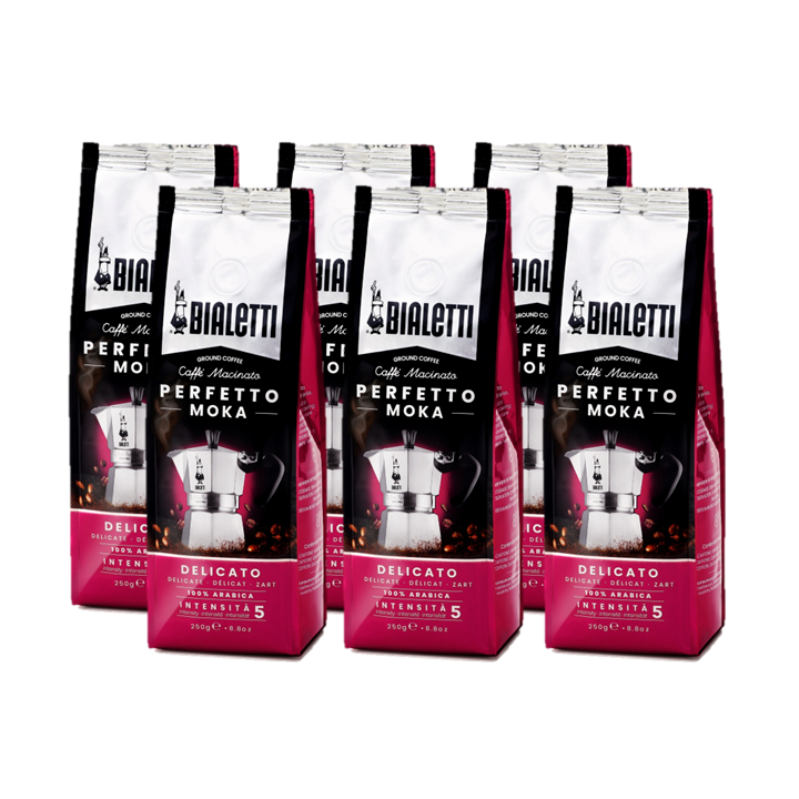 Bialetti Café Molido Italiano - Perfetto Moka: Clásico, Intenso, Vainilla, Avellana, Chocolate, Descafeinado y Delicato -  6 paquetes de 250 gr cada uno (1,5 kg)  Café de alta calidad