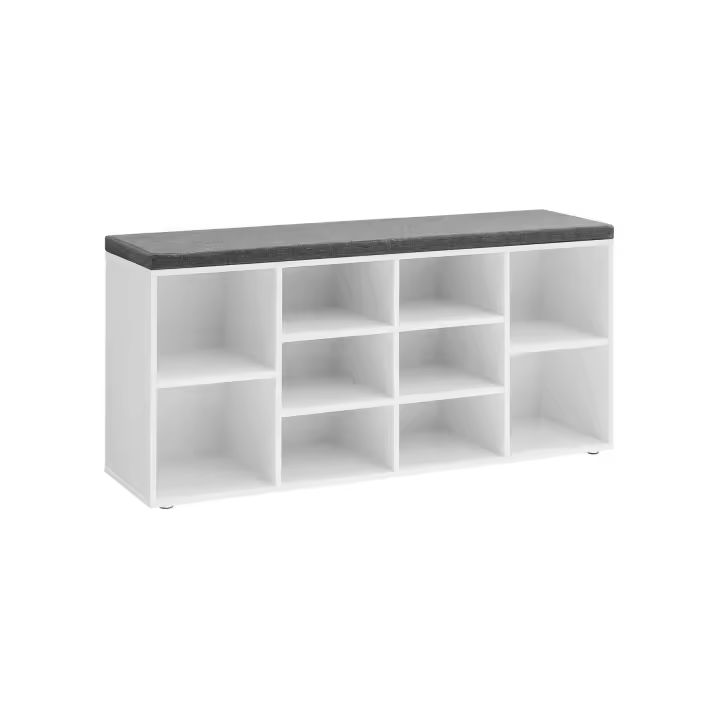 VASAGLE Banco para Zapatos, Repisa para Zapatos, Armario de Almacenamiento, 10 Compartimentos, con Cojín, para Entrada, 104 x 30 x 48 cm, Blanco/Marrón Rústico y Gris/Roble y Gris/Negro leñoso/marrón Camel - 1