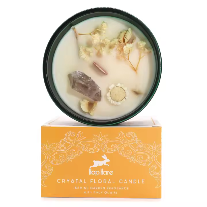 Viva Esencia – Vela aromática con flores secas y gema citrino para coraje, confianza y liderazgo, ideal para rituales energéticos y decoración espiritual – Hop Hare - Ancient Wisdom - 1