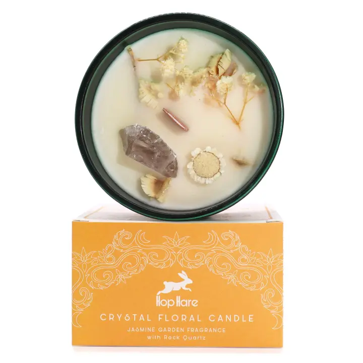 Viva Esencia – Vela aromática con flores secas y gema citrino para coraje, confianza y liderazgo, ideal para rituales energéticos y decoración espiritual – Hop Hare - Ancient Wisdom - 1