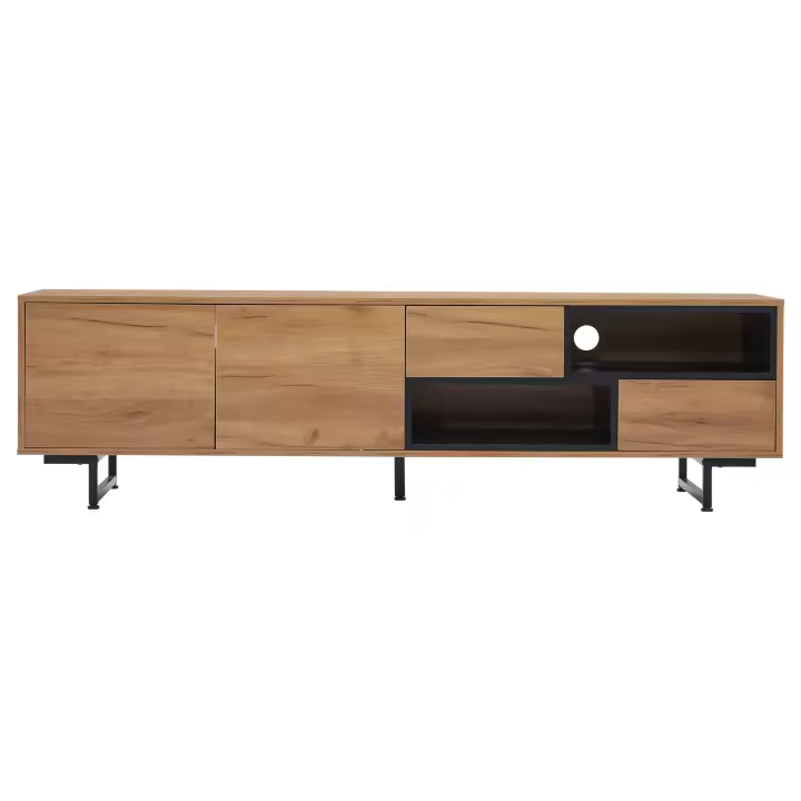 Tablero Bajo, TV, almacenamiento múltiple, tablero aglomerado de color Madera, Unidad de almacenamiento Abierta con compartimientos trapezoidales, Tita capacidad para televisores de hasta 70 pulgadas, dimensiones 173x38x48 cm - 1