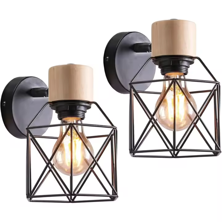 Lámpara de Parada Industrial Juego de 2 Luces de Parada, Diseño de Jaula de Metal y Madera, Decoración Ajustable, Color Negro - 1