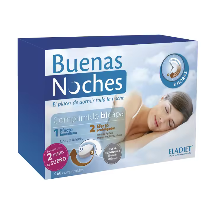 Buenas Noches Eladiet 60 comprimidos - Suplemento para el Estrés, el Sueño y la Ansiedad - Extracto de Pasiflora, Valeriana, y Melatonina - 1
