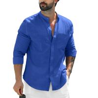 Camisa De Lino Para Hombre De Color Sólido Con Cuello Erguido Casual Cotton Manga Larga Botones Abiertos Estilo Beach - details 5