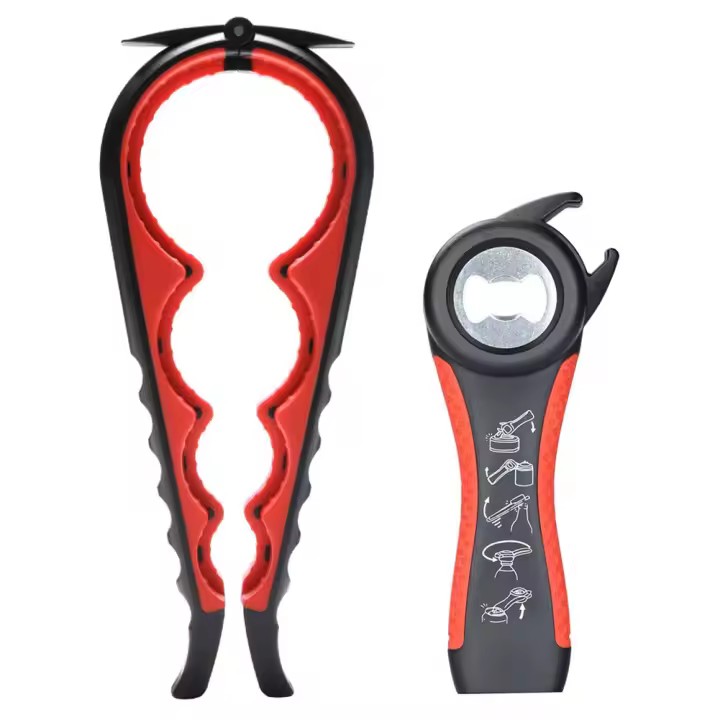 Abridor de frascos 5 en 1 MULTIFUNCTION con Anilla para Manos, Ancianos y personas con artitis (Negro y Rojo) - 1
