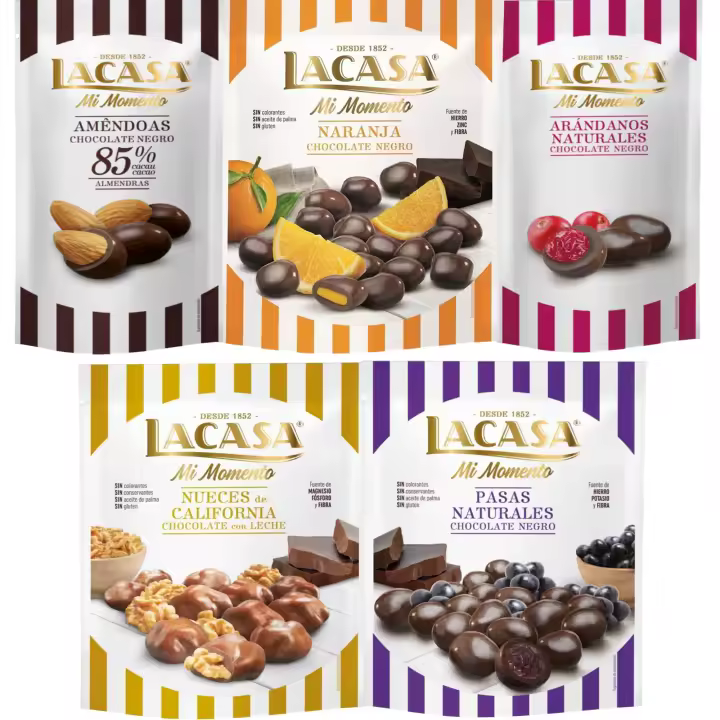 Lacasa Mi Momento pack de 5:Arándano choco Negro 60G,Almendra 85% 65G,Nueces Leche 115G,Pasas choco Negro 150G,Naranja choco Negro 125G - 1