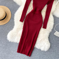 Vestido REALEFT De Punto Para Mujer Con Cuello Alto Y Mangas Largas Estampado Sólido Estilo Casual Vestido De Abrazo Largo Hasta La Rodilla Para Otoño E Invierno - details 23