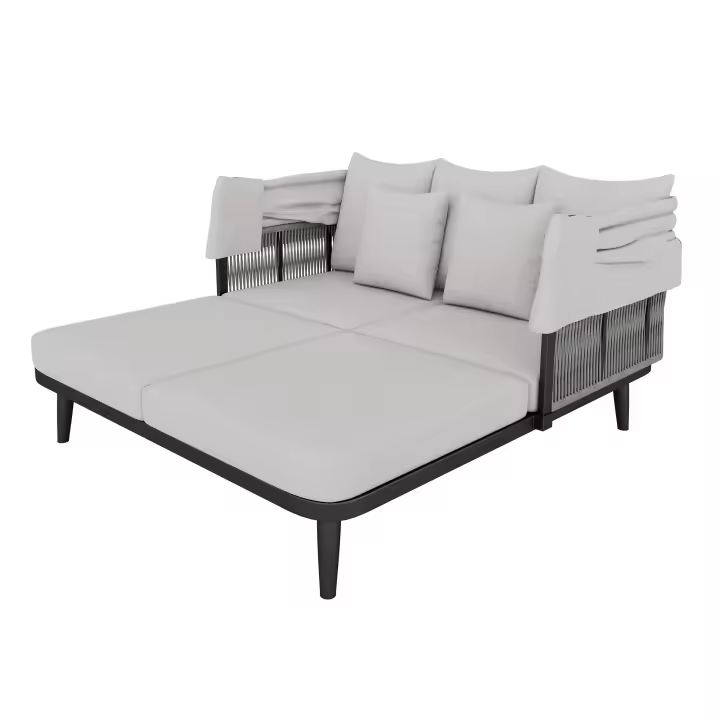 Muebles de Jardín Para 2 personas, sillas de Playa, tumbonas de Jardín, tumbonas, Toldo retrácthil, Estructura de Maple galvanizado, cojines de 10 cm de grosor, Cuerda Tejida a mano - 1
