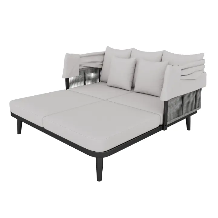 Muebles de Jardín Para 2 personas, sillas de Playa, tumbonas de Jardín, tumbonas, Toldo retrácthil, Estructura de Maple galvanizado, cojines de 10 cm de grosor, Cuerda Tejida a mano - 1