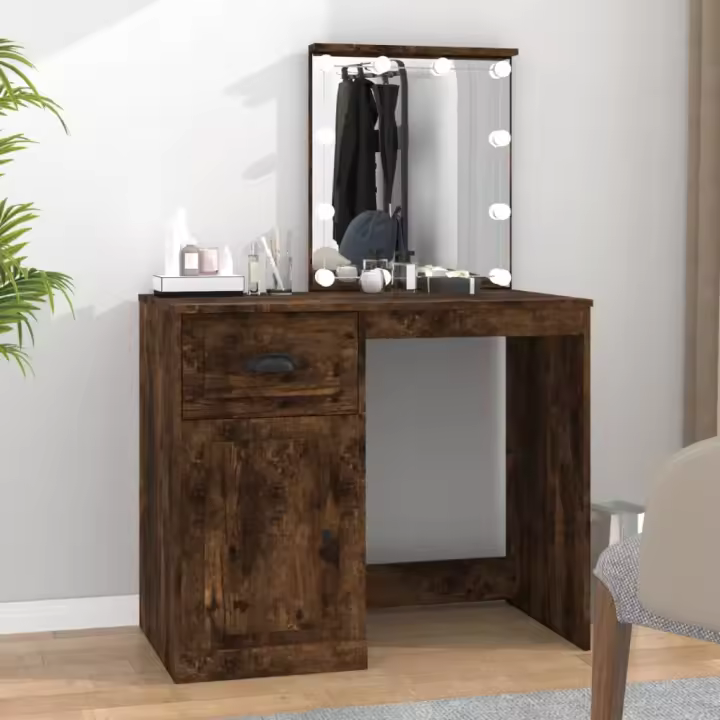 vidaXL Tocador LED madera contrachapada 90x50x132,5 cm en color Gris hormigón/Marrón roble/Gris sonoma y más - 1