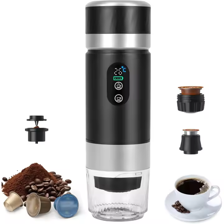 Cafetera Portátil, Cafetera Espresso Eléctrica Portátil 3 en 1 Recargable con Pantalla Digital de Temperatura para Cápsulas Pequeñas o Grandes y Café Molido, Ideal para Oficina, Viajes y Camping. - 1