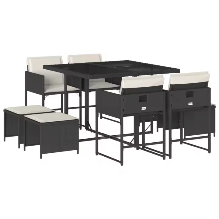 vidaXL Set de comedor de jardín 9 pzas y cojines ratán sintético negro - 1