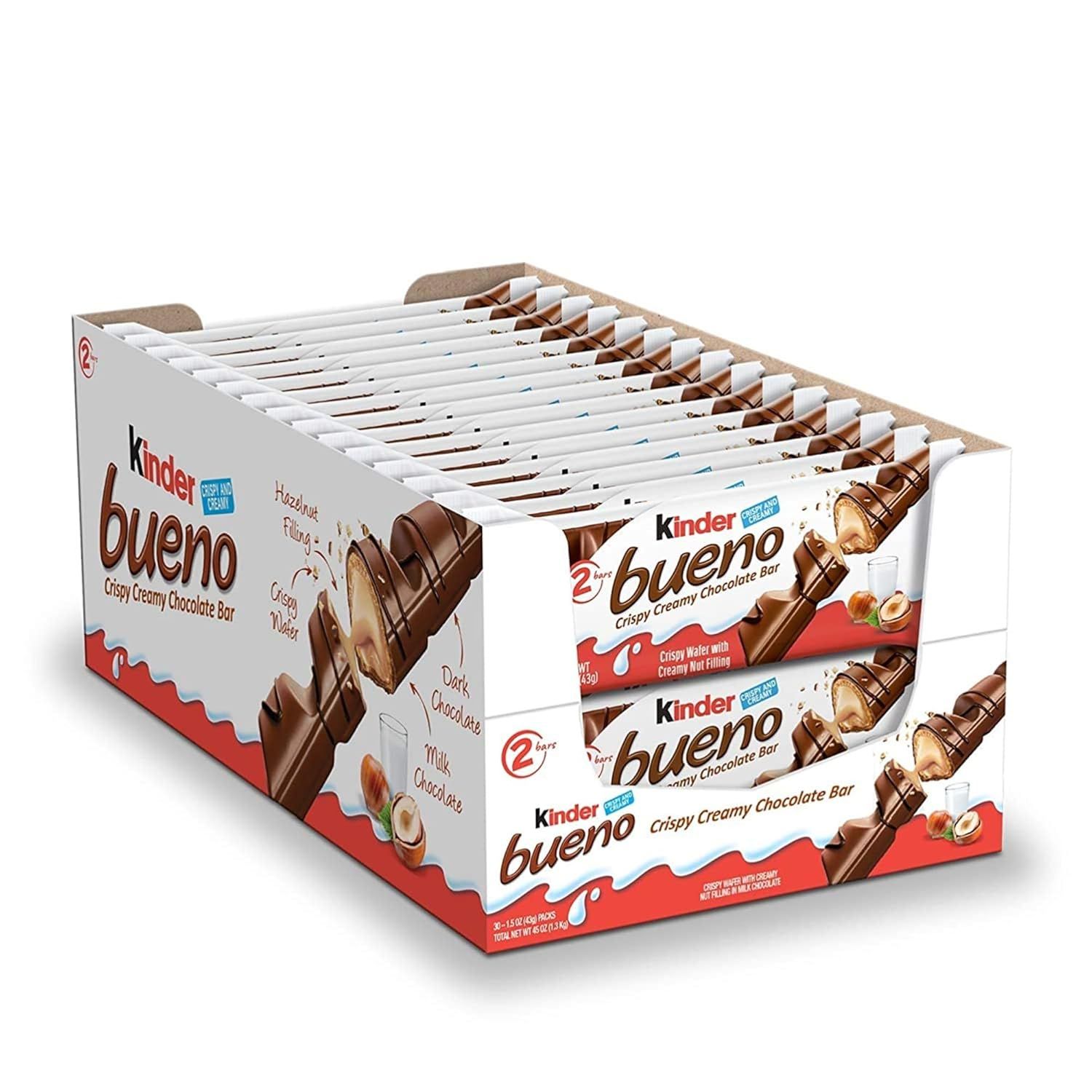Kinder Bueno Chocolate con leche y crema de avellanas1caja de  30*43g,total 60 barras de chocolate Kinder Bueno White ,Caja de 30 unidades,60 Barritas de Chocolate Blanco