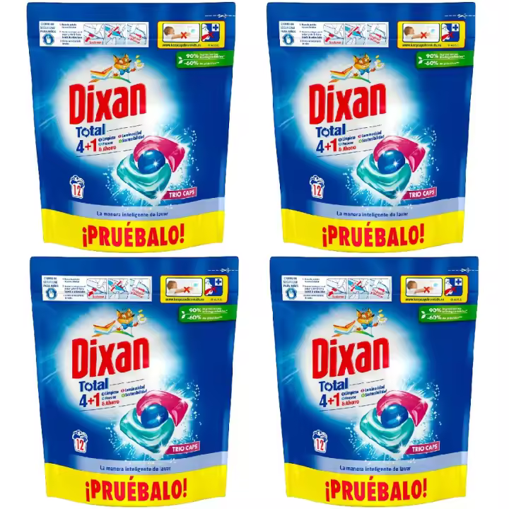 Dixan Trio Caps 4+1 Total, Detergente Quitamanchas en Cápsulas para Lavadora 12 lavados (Pack 4x12 = 48 Lavados), Jabón para ropa Blanca y de Color, Limpieza, Luminosidad, Frescor y Sostenibilidad en una sola Capsula, Eficaz incluso a Bajas Temperaturas - 1