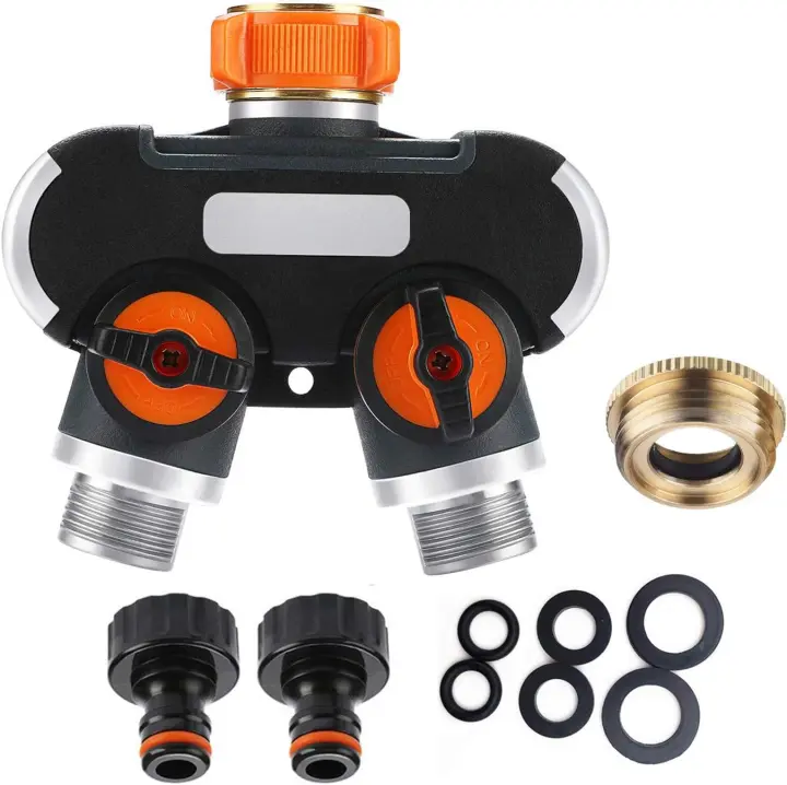 Divisor de manguera de jardín, grifo de jardín de 2 vías, conector de manguera en Y de 3/4" para grifo exterior con conectores y arandelas - 1