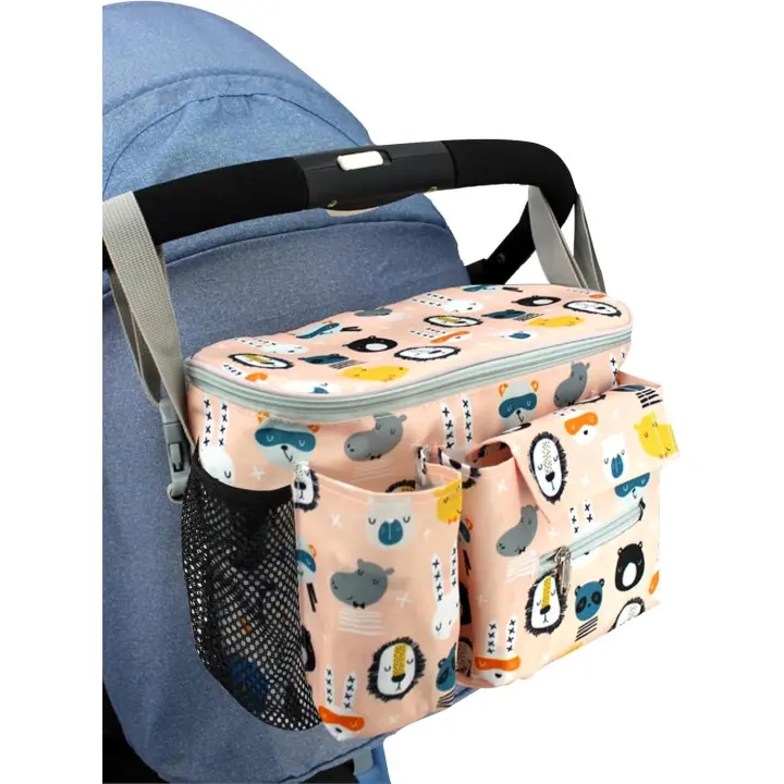 Bolsa de almacenamiento para cochecito de bebé Bolsa de almacenamiento para cochecito de Enfermería de gran capacidad con bolsa de limpieza y soporte para taza Correa de hombro ajustable para la mayoría de los cochecitos Bolso multifuncional (rosa) - 1