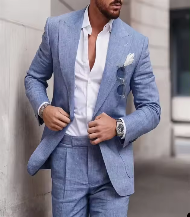 Traje De Lino Moda Para Hombres 2 Piezas Chic Notch Lapel Doble Botón Traje Slim Fit Casual Negocios Boda Traje De Tuxedo - 1