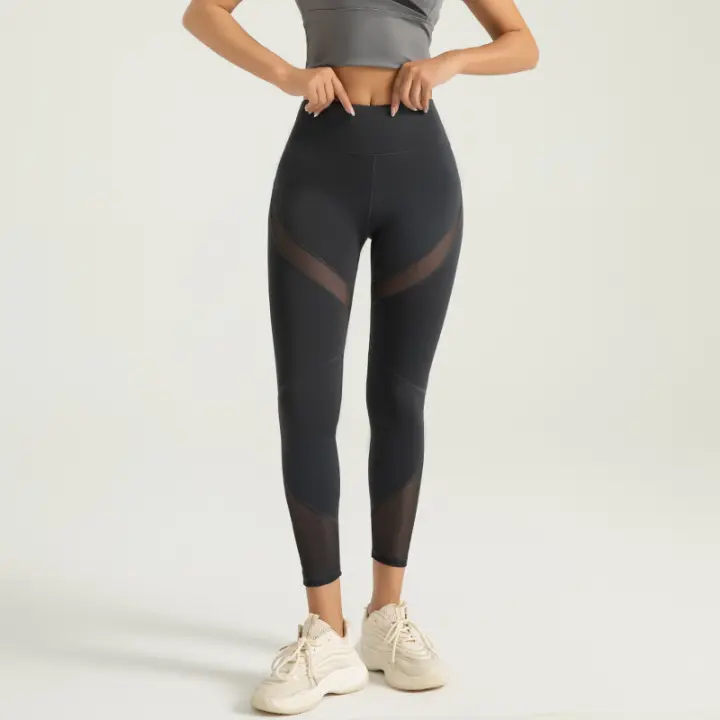 Pantalones de yoga melocotón de Malla elástico Alta Empalme medias - 1