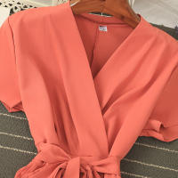 Nuevo Vestido De Verano 2026 Para Mujer Estilo Casual Con Cuello En V Manga Corta Lace up Pleated Chiffon Vestido De Cintura Alta - details 10