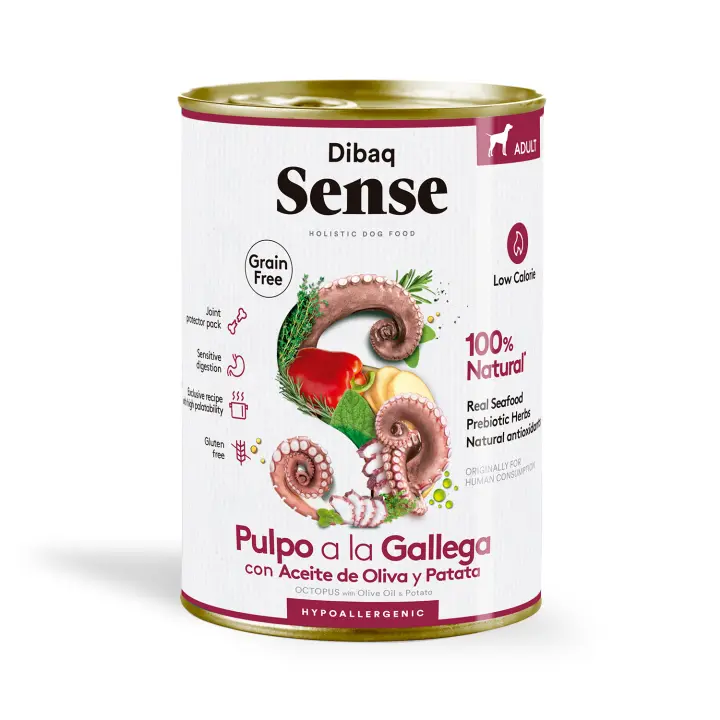 Dibaq Sense Dog, comida húmeda pulpo a la gallega, sin cereales, pack 3 uds x 380 gr - 1