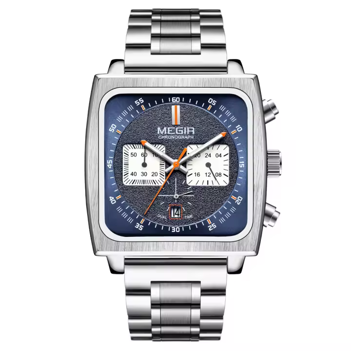 Reloj De Pulsera De Cuarzo MEGIR Para Hombre Dial Cuadrado Cronógrafo Multifuncional Deportivo Resistente Al Agua Con Fecha Y Manos Luminosas - 1