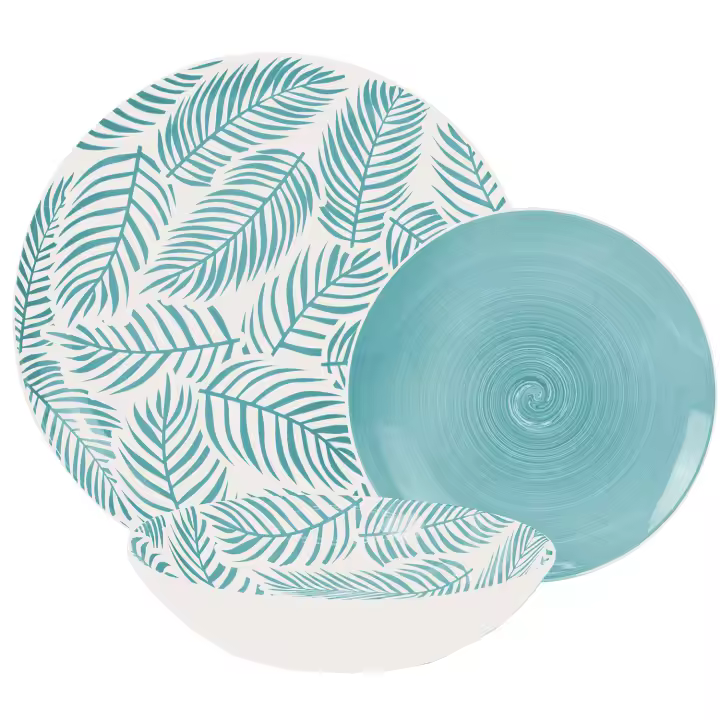 Vajilla 18 pzs porcelana azulhojas, plato llano: diametro 27cm postre: 19cm, hondo: 20x4cm - 1