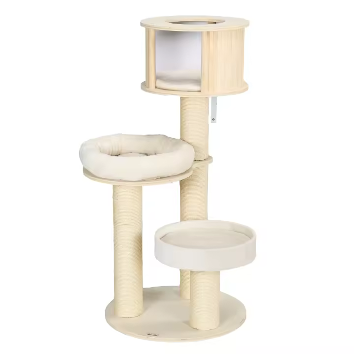 Árbol para Gatos con Cueva para Gatos de 122 cm de Altura, Tres Piso, Madeira, trench coat de Isal, pelota de juego para Gatos activos - 1