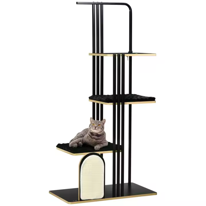 PawHut Rascador para gatos de 170 cm con cojín, árbol trepador con tabla rascadora, rascador para gatos con 3 plataformas, mueble para gatos, acero, negro - 1