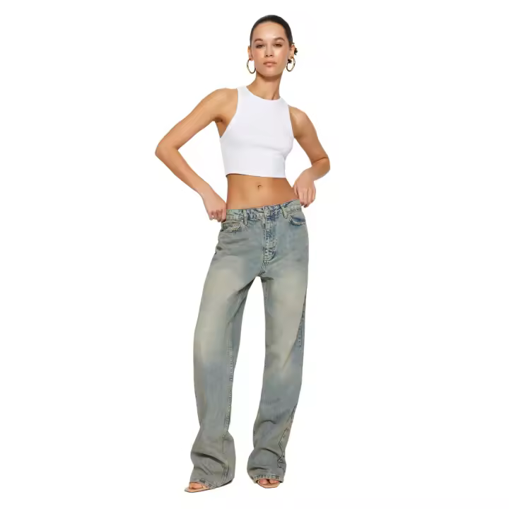 Trendyol Blue Pale Effect Vintage Low Waist Wide Leg Jeans Twoss24Je00032 - 1