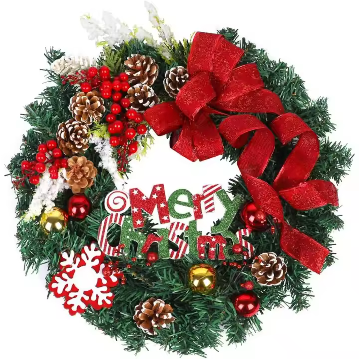 Corona de 16 pulgadas, Crown Artificial de Invierno para Puerta de entrada, decoración with Bola de Lazo Rojo, Bayas, Guirnalda con núcleo de Pino - 1