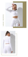 Conjunto De Yoga Fitness Sin Costuras Absorbedor De Sudor Levantamiento De Caderas Pantalones De Yoga De Cintura Alta Para Mujer Deporte Con Manga Larga Y Sudadera - details 4