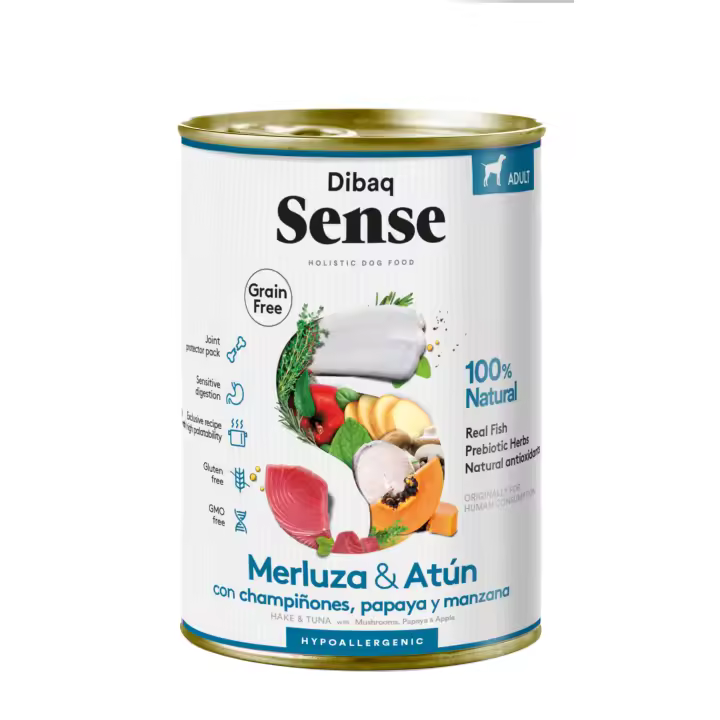 Dibaq Sense Dog,  comida húmeda, merluza y atún, sin cereales, pack 3 uds x 380 gr - 1