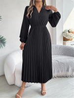 Vestido Largo De Mujer Elegante Con Tres V-Neck Y Cintura Ajustada Estilo Europeo Y Americano Para Otoño E Invierno - details 22