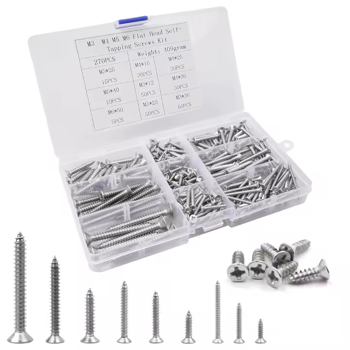 270 piezas M3 M4 M5 M6 Tornillo autorroscante de acero inoxidable Cabeza plana Tornillos para madera empotrados en cruz, Kit de tornillos autorroscantes Tornillos de cabeza plana cruzada Tornillos para madera - 1