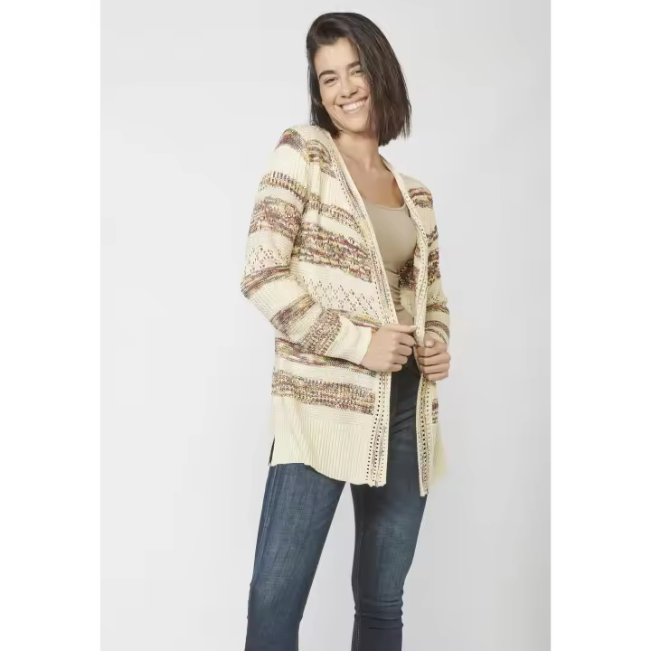 Koroshi - Chaqueta de punto abierta con calados en camel, cárdigan ligero de entretiempo para mujer, 99% acrílico y hilo metálico - 1