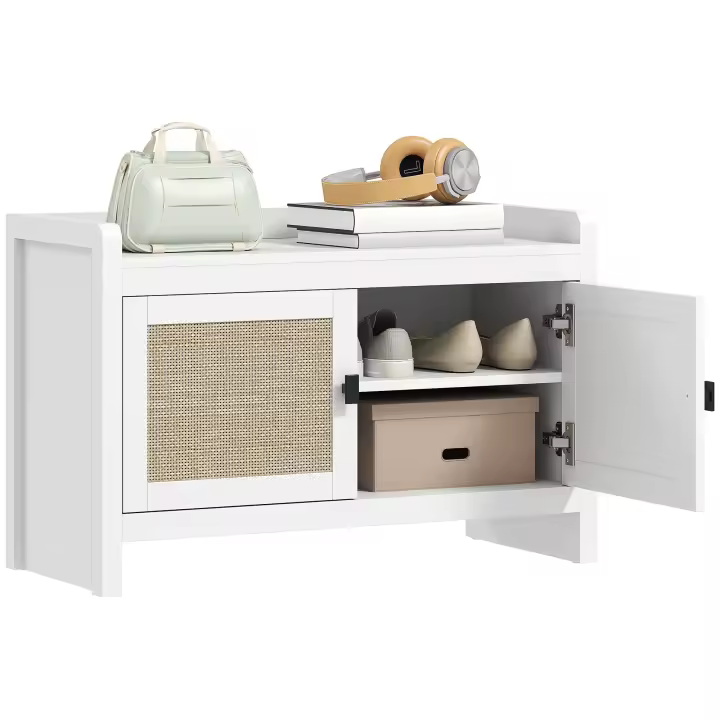 HOMCOM Banco Zapatero Mueble Zapatero Banco de Almacenamiento Bohemio con Puertas Frentes de Ratán Estante Extraíble para 8 Pares de Zapatos para Entrada Dormitorio 80x35x52 cm Blanco - 1