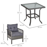 Outsunny Conjunto de Muebles de Ratán 3 Piezas de Jardín con 2 Sillones 65x66x75 cm y Mesa de Vidrio Templado 50x50x50 cm con Cojines Acolchados para Terraza Patio Exterior Gris - details 2