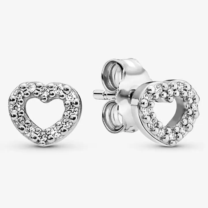 Pandora Pendientes de Botón en Plata de Ley Corazón Abierto Brillante 290528CZ，Incluye Caja Original - 1