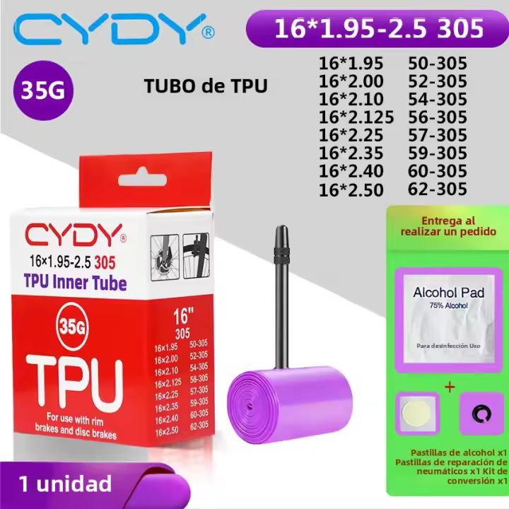 Tubo Interno De Bicicleta CYDY TPU Para Cámara 16 Pulgadas 305 Various Tamaños Con Válvula 45mm Para BMX Ciclismo Y Neumáticos - 1