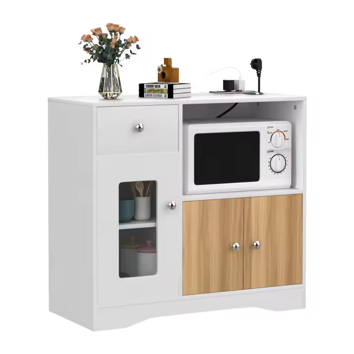 Rcynview Armario de Cocina  con Enchufe Blanco Aparador de Almacenamiento para Microondas y Cajones Ideal para Comedor Cocina Salón - 1