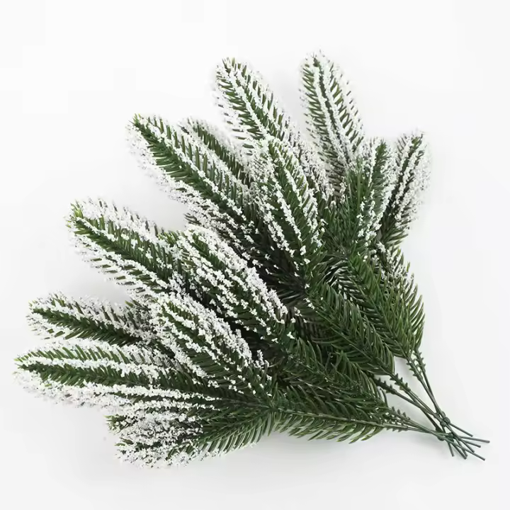 6Pcs/Pack Ramas De Pino Navideñas Artificiales Para Adornos De Casa Y Árbol De Navidad Decoración De Año Nuevo Blanco Y Verde - 1