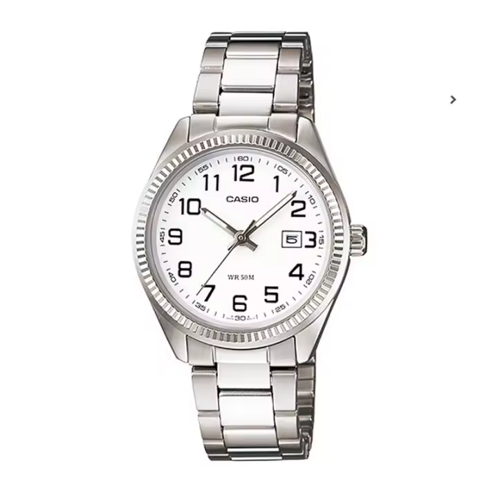 Reloj Casio Señora LTP-1302PD-7B correa acero plateada, esfera blanca con calendario cierre de triple pliegue LTP1302D7B - 1