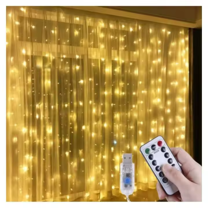 Luces LED de Cortina USB con Mando a Distancia 8 Modos de Luz Resistente Al Agua (3x3 Metros - 300 Led, Blanco Cálido) COSHANO - Entrega en 24 Horas - 1