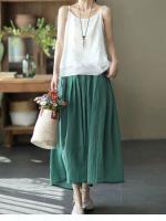 Falda A-Line De Lino Verde Casual Cintura Alta Elástica Para Mujer Larga Hasta La Rodilla Moda Otoño 2024 Estilo Suelto - details 4