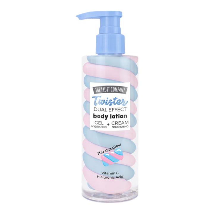 Body Lotion Twister Dual Effect The Fruit Company. Loción corporal gel + crema con efecto hidratante y nutritivo. Con vitamina C y ácido hialurónico. Aromas disponibles: fresa, marshmallow, sandía y coco. 🚚 Envíos a España 24/48h.