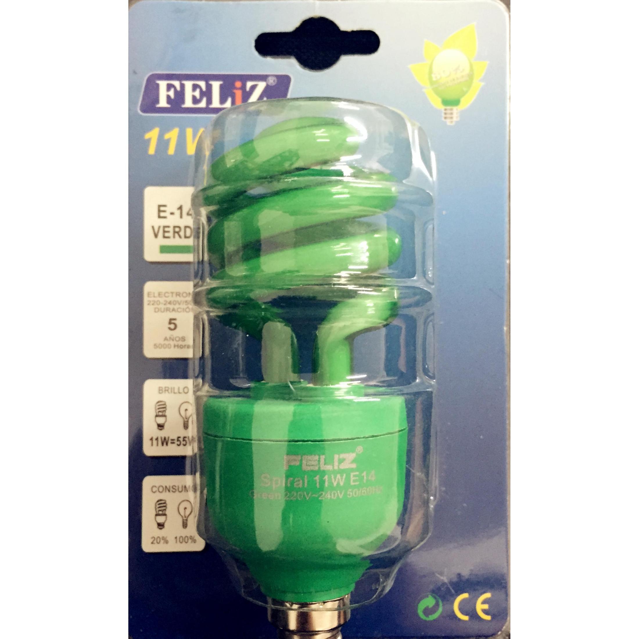 HALLOWEEN 5 uds Bombilla bajo consumo verde forma espiral, lampara de colores de decoracion y de fiestas, 11W, casquillo grande E27 y casquillo pequeño E14, Don Feliz