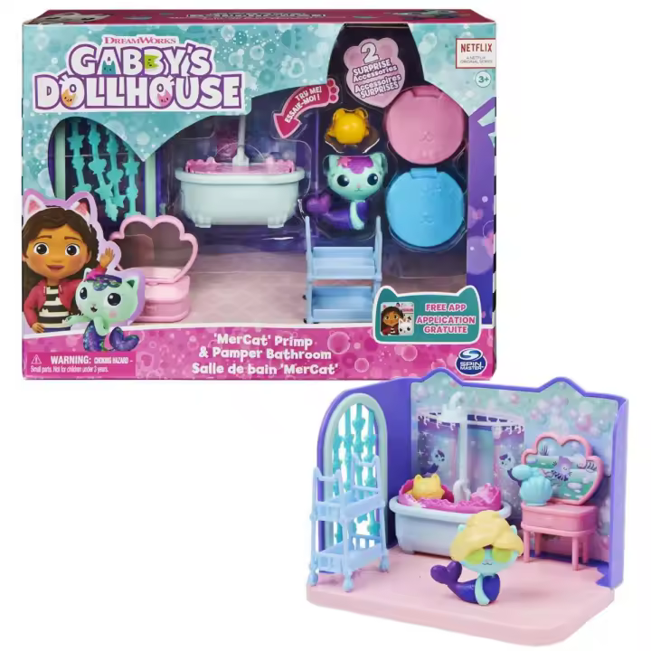 SPIN MASTER - LA CASA DE MUÑECAS DE GABBY - EL BAÑO DE SIREGATA - El Baño de Siregata de La Casa de Muñecas de Gabby con 1 Figura, 3 Accesorios, 2 Caja Sorpresa y 3 Muebles - 6062036 - Juguetes Niños +3 años - 1