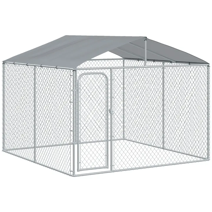 PawHut Perrera de Exterior con Toldo Jaula para Perros con 1 Puerta Anti-UV Impermeable y Marco de Acero para Jardín Patio 300x300x234 cm Plata - 1